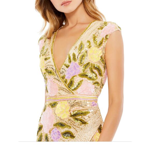 MAC DUGGAL 5420 Beaded Floral V-Neck Cap Sleeve Slit Gown Nude Multi 6 NEW - Picture 3 of 9